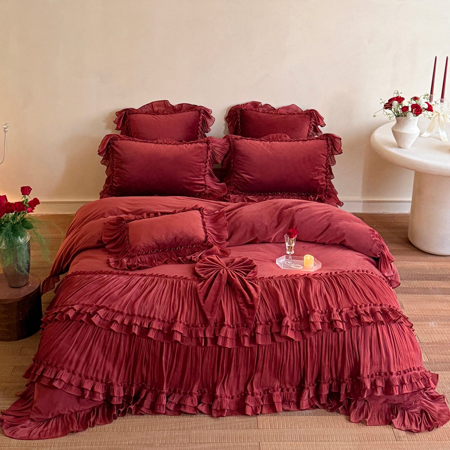 French Princess Thickened Bow Matte Warm Coral Fleece Four-Piece Bed Set