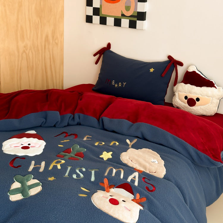 Christmas Old Man Thickened Santa Four-piece Set Warm Milk  Bed Set - Harmony Gallery