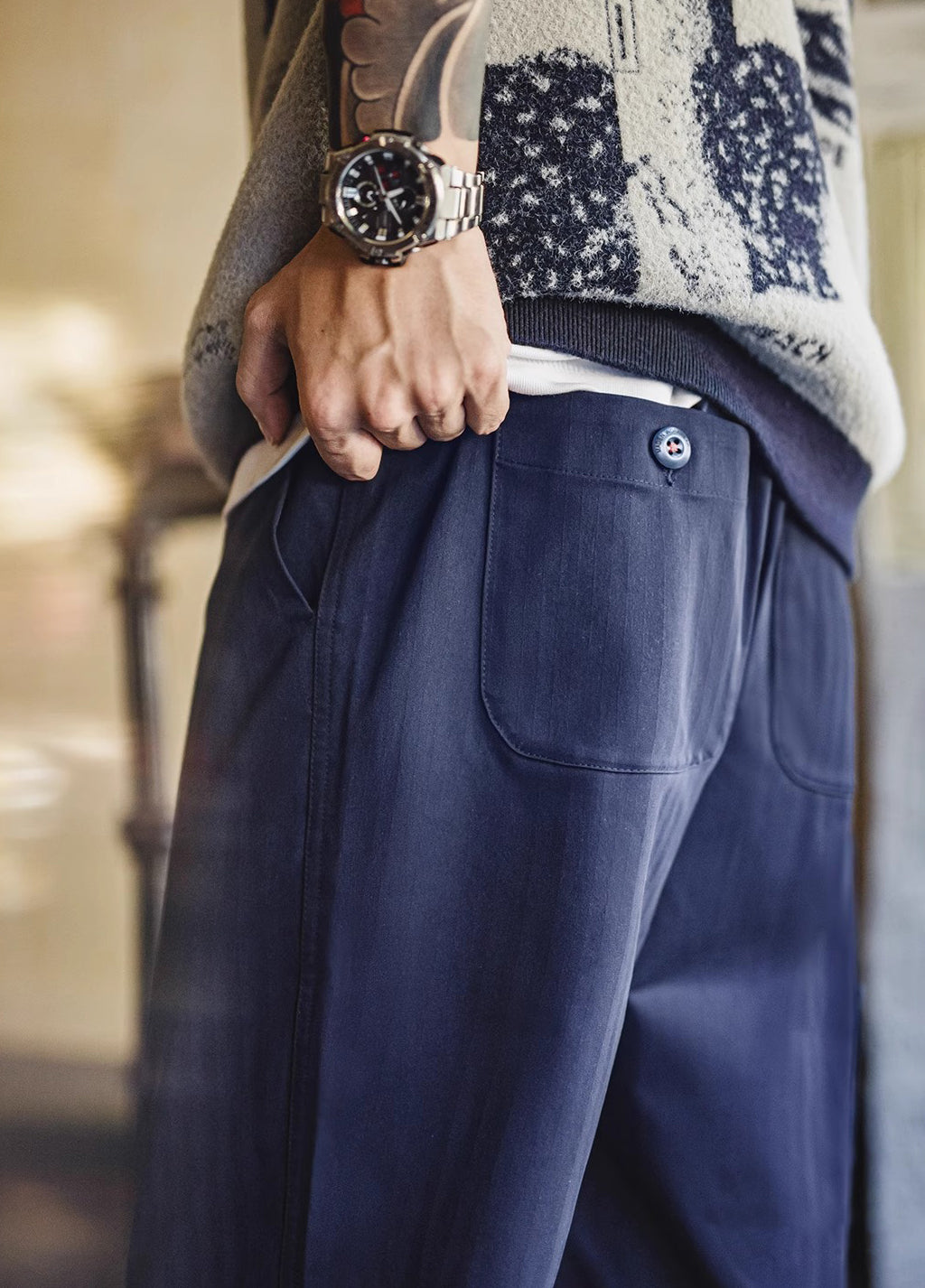 American Retro Logger Leg Slightly Tapered Elastic Waist Herringbone Men's Trousers