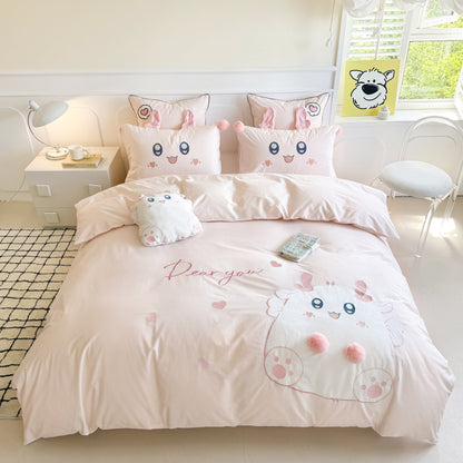 Cartoon Cute Little Fat Dragon Pure Cotton Washed Four-Piece Bed Set