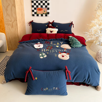 Christmas Old Man Thickened Santa Four-piece Set Warm Milk  Bed Set - Harmony Gallery
