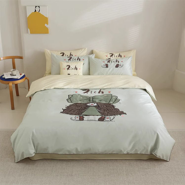 مجموعة سرير مكونة من أربع قطع من القطن للفتيات على شكل فراشة كارتونية لطيفة