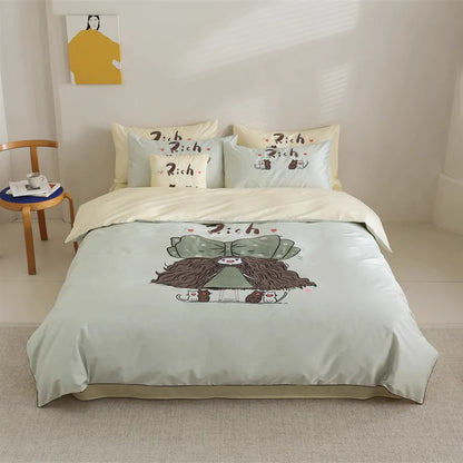 Juego de cama de cuatro piezas de algodón con diseño de niña mariposa linda de dibujos animados
