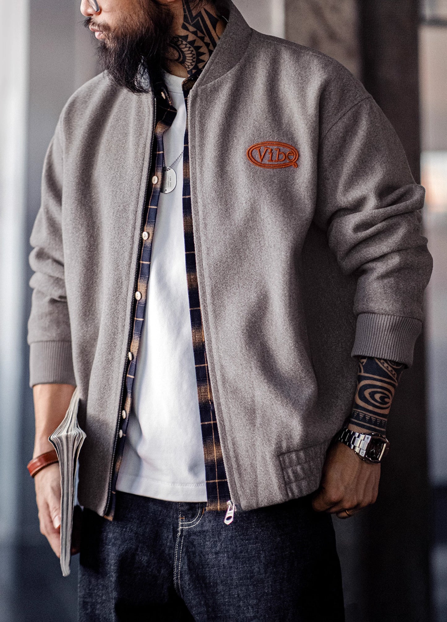 American Retro Woolen Baseball Embroidery Cuffed Sleeves Men's Jacket