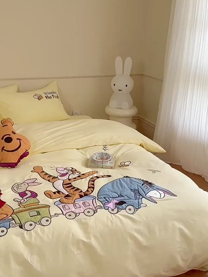 Conjunto de cama de quatro peças de algodão puro lavado Disney Winnie The Pooh Park