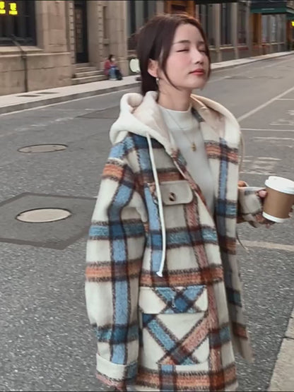 Kockás kapucnis gyapjú téli Petite College vastagított női kabát