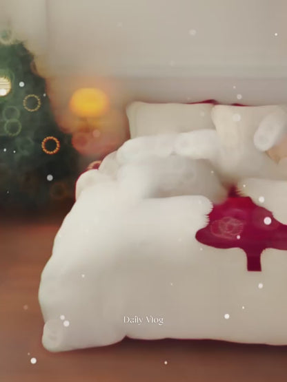 Christmas Cartoon Red Tree Thickened Lambskin Four-piece Warm Winter Bed Set