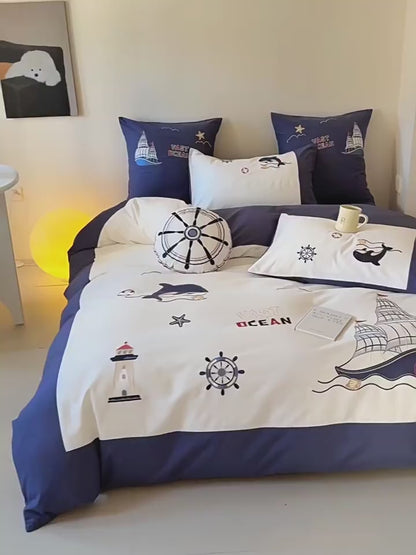 Cute Cartoon Brushed Boy Embroidered Pure Cotton Four-Piece Bed Set