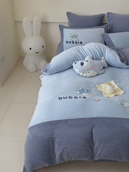Conjunto de cama de algodão puro de quatro peças lavado com tubarão bolha de desenho animado fofo