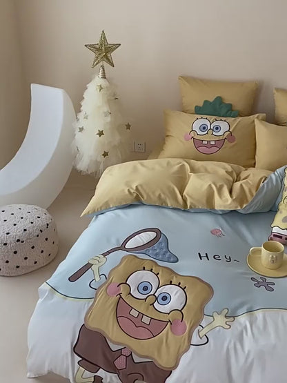 Uroczy czteroczęściowy zestaw pościeli SpongeBob SquarePants z czystej bawełny