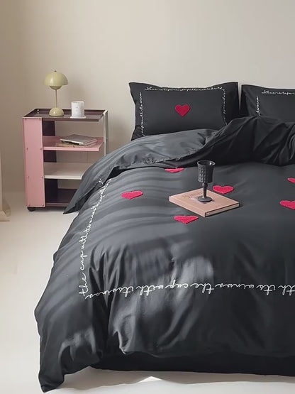 Light Luxury High-End Black Love Four-Piece Pure Cotton Bed Set