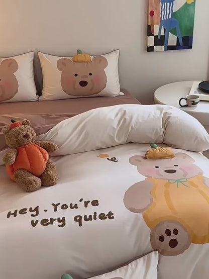 Cartoon Pumpkin Bear Fall And Winter Warm Cotton Sanded Four-Piece Bed Set
