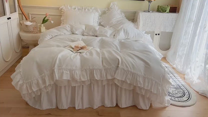 Conjunto de cama de quatro peças de algodão com rede de renda de princesa de luxo nórdico leve