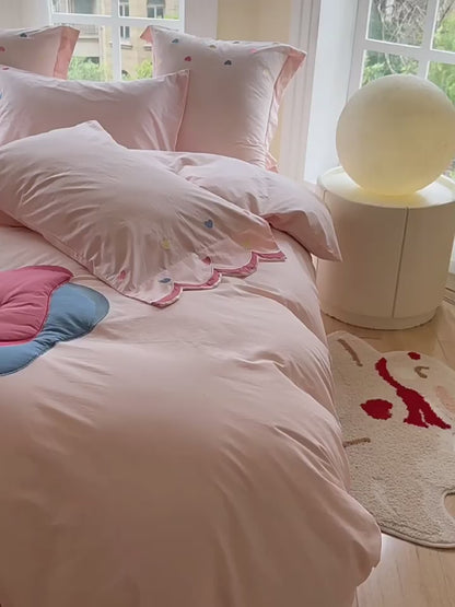 Girly Heart Cute Bow Washed Vierteiliges Bettset aus reiner Baumwolle