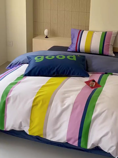 Set da letto in puro cotone satinato in quattro pezzi con strisce semplici a contrasto nordico