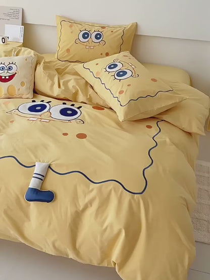SpongeBob Schwammkopf, gewaschenes, vierteiliges Bettwäscheset aus reiner Baumwolle