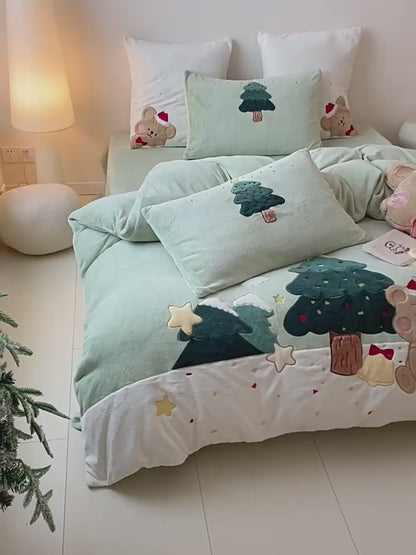 Conjunto de cama de desenho animado bonito de veludo coral de quatro peças de Natal e inverno
