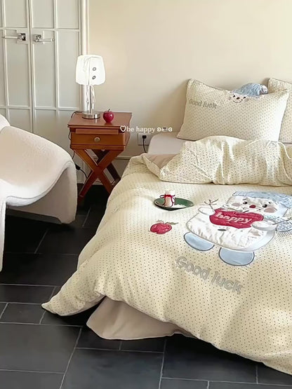 Cartoon Embroidered Breathable Double-Layer Ultra-Soft Four-Piece Bed Set
