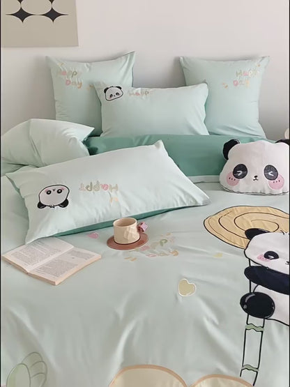 Cute Small Panda Pure Cotton Washed Four-Piece Bed Set