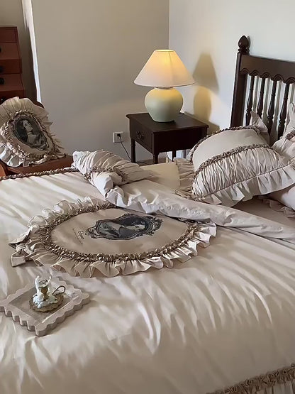 Conjunto de cama de algodão romântico Paris Dream de quatro peças com figura de renda e pintura