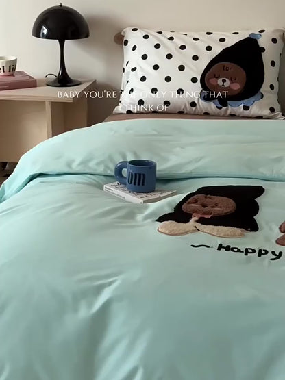 귀여운 만화 곰 수 놓은 세탁된 4피스 면 침대 세트