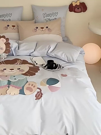 Cartoon Lion Embroidery Pure Cotton Long-Staple Four-Piece Bed Set