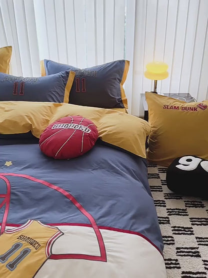 Set da letto in quattro pezzi per ragazzi, basket, cartoni animati, cotone lavato, per adolescenti