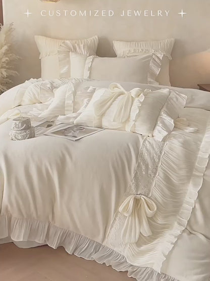 French Bow Knot Thickened And Warm Double-Sided Plush Four-Piece Bed Set