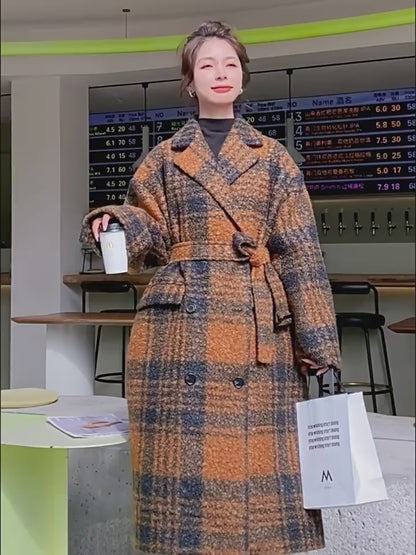 Retro xadrez de lã tartan inverno engrossado casaco feminino de alta qualidade