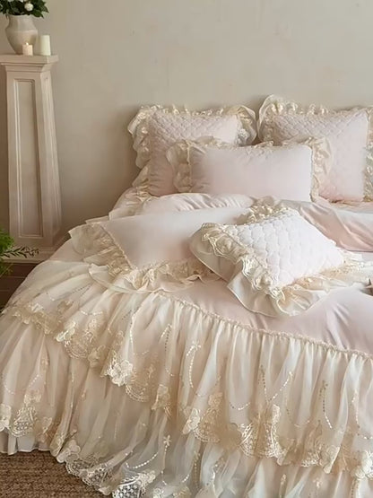 French Romantic Four-Pieces Thickened Warm Double-Sided Baby Lace Trim Bed Set