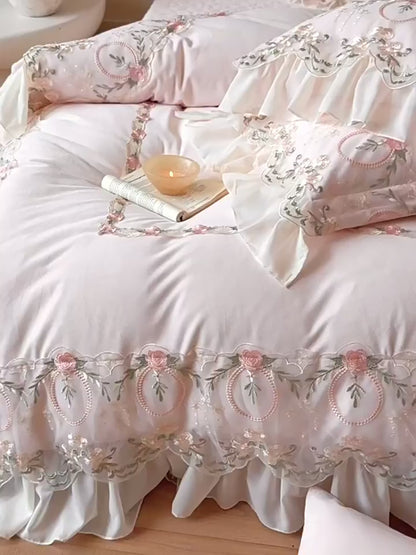 French Fleece Lace Trim Thickened Mattress High Density Four-Piece Bed Set