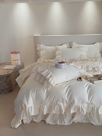 Hochwertiges, vierteiliges Bettwäscheset aus reiner Baumwollspitze im französischen Prinzessinnen-Design