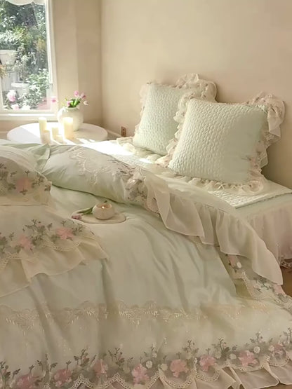 French Princess Cotton Long-Staple Four-Piece Lace Trim Mattress Protector Bed Set