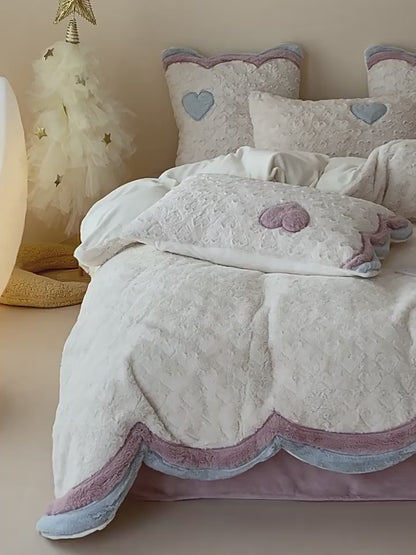 طقم سرير من أربع قطع من القطيفة على شكل أرنب جرلي دافئ ثلاثي الأبعاد