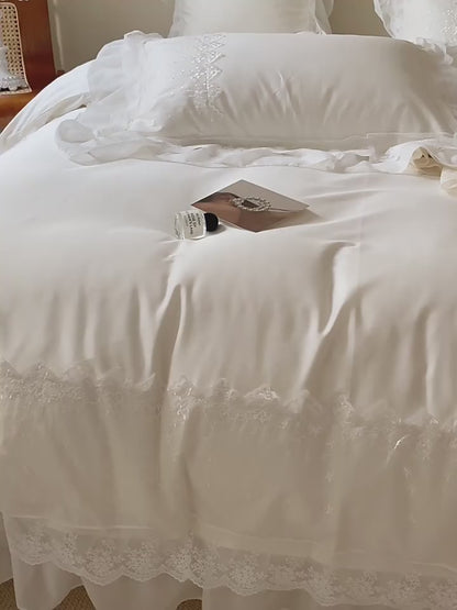 Juego de cama de encaje de algodón puro de siete piezas de gama alta de princesa francesa