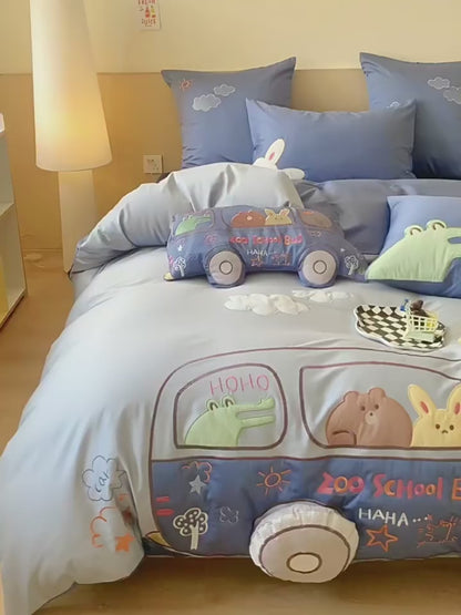 Cartoon Happy Bus Zoo School Vierteiliges Bettwäscheset aus reiner Baumwolle