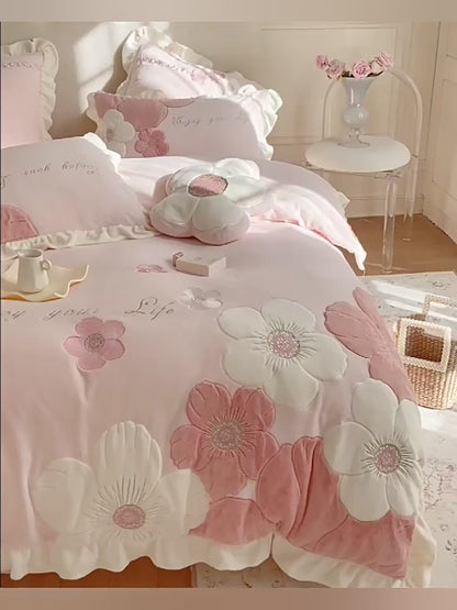Princess Girly Heart Sunflower Warm Velvet Winter Four-Piece Bed Set