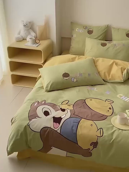 Vierteiliges Bettwäsche-Set aus gewaschener Baumwolle mit Disney-Chipmunk-Cartoon-Motiv