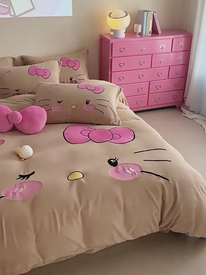 Children's Hello Kitty Little Milk Fleece Cartoon Winter Four-Piece Bed Set