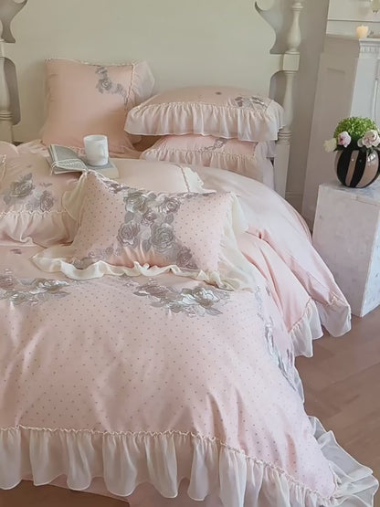 Conjunto de cama de quatro peças com bordado floral de algodão princesa francesa e babados