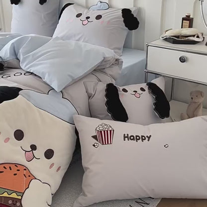 Conjunto de cama de quatro peças de algodão lavado com orelhas compridas de desenho animado Foodie Dog