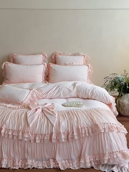 French Princess Thickened Bow Matte Warm Coral Fleece Four-Piece Bed Set