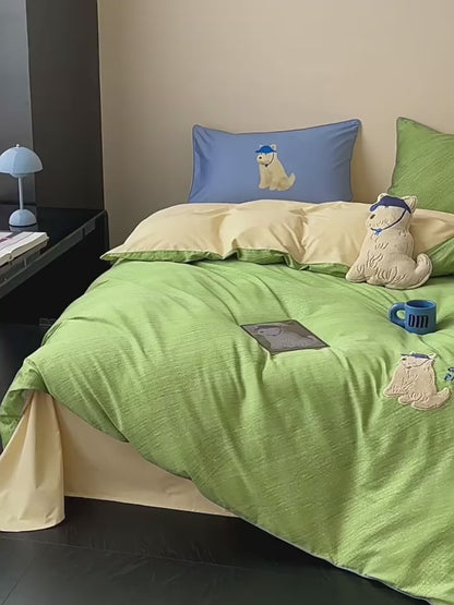 Cartoon Cute Green Puppy Pure Cotton Skin-Friendly Four-Piece Bed Set