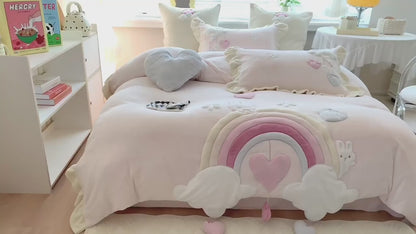 Roztomilá čtyřdílná sada postelí princezna Rainbow Heart Cartoon Cute Coral Velvet