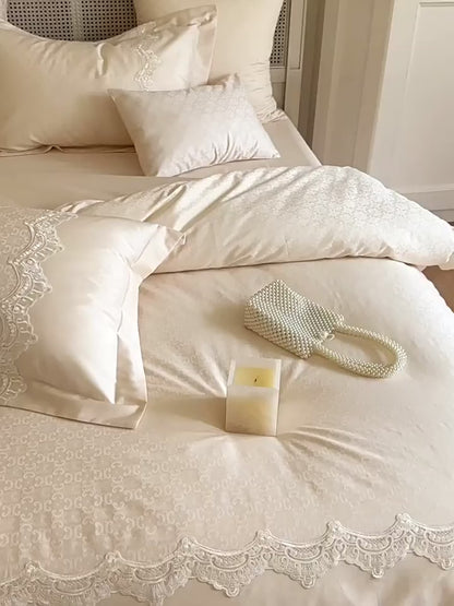 Conjunto de cama de quatro peças bordado macio de renda princesa de algodão de alta qualidade