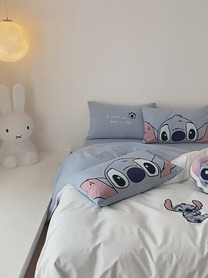 Conjunto de cama de quatro peças fofo de algodão lavado Disney Stitch