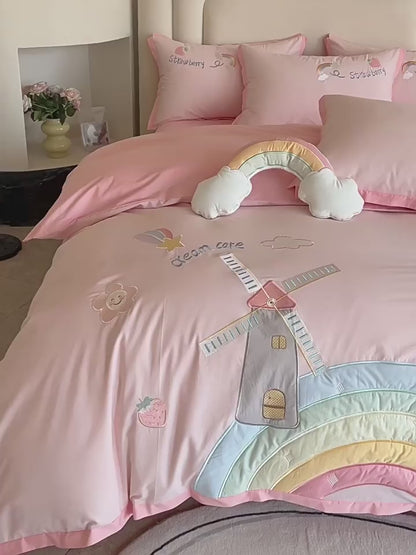 Conjunto de cama de quatro peças lavado com coração feminino fofo arco-íris de algodão puro