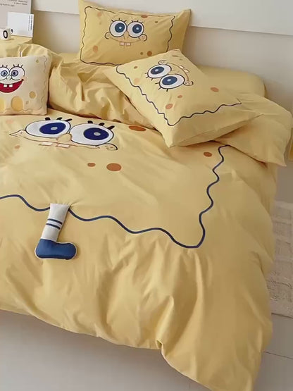 SpongeBob Schwammkopf, gewaschenes, vierteiliges Bettwäscheset aus reiner Baumwolle