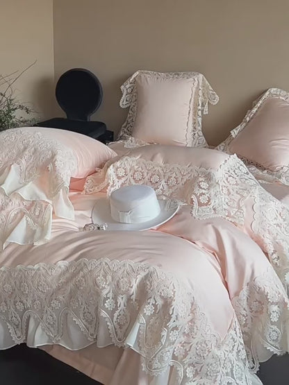 Conjunto de cama de quatro peças de algodão de fibra longa com renda romântica princesa francesa