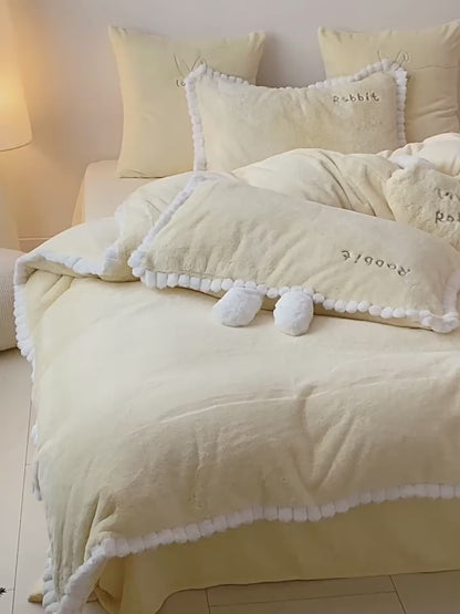 Cute Cartoon Rabbit Velvet Warm Double-Sided Four-Piece Bed Set